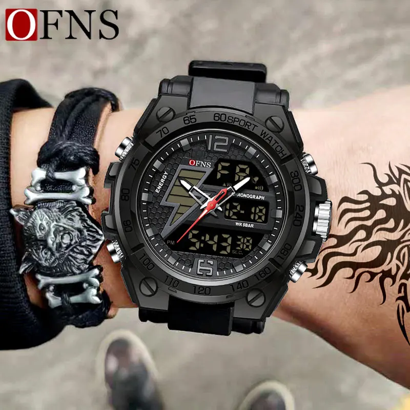 OFNS Fashion Men\'s Watches Chronograph Analog Digital Alarm Wrist Watches LED Luminous Outdoor Sports Waterproof Men\'s Watches