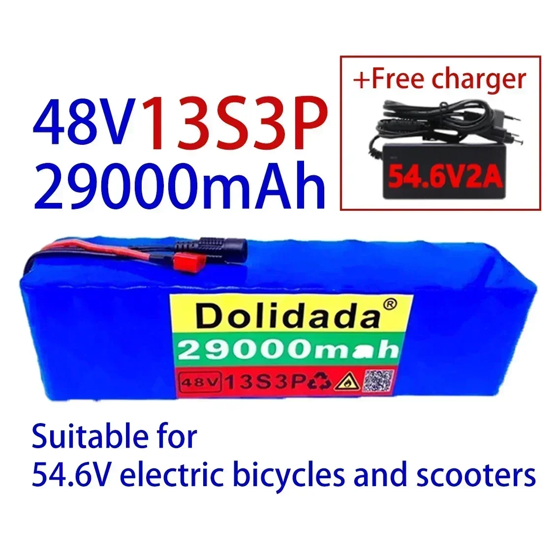 

48V-29Ah 500W，Large capacity 13S3P lithium-ion battery pack, 54.6V electric bicycles and scooters, with discharge BMS+charger