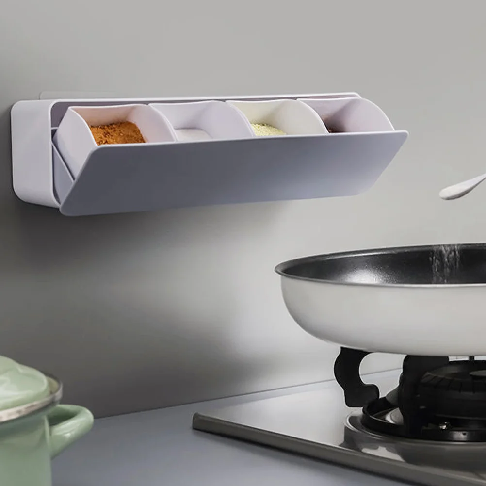 

Wall Mounted Grey Blue Seasoning Jars Spice Boxes Condiment Organizers Sealed Design Kitchen Storage Dispenser