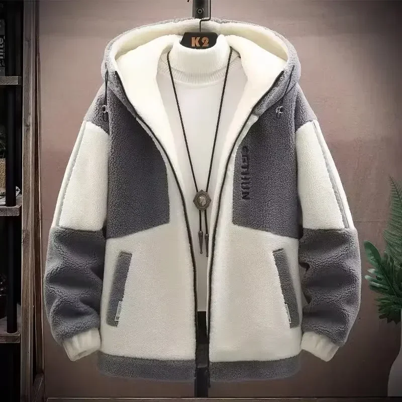 M-8XL Winter Men\'s Baseball Jackets Lamb Cashmere Warm Winter Hoodie Clothing Loose Trendy Youth Boy Korean Style Thicken Coat