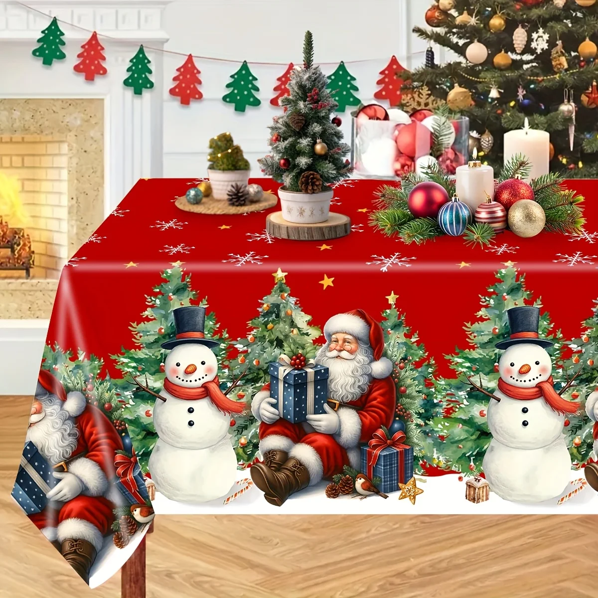 Red Snowman Snowflake Christmas Tree Pattern Tablecloth, Merry Christmas Home Decor, Holiday Dining Decoration, New Year Festive