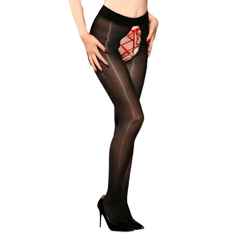 لامعة جوارب طويلة لامعة جوارب زيت الحصان مثير عبر حزام مفتوح المنشعب المثيرة الرباط الحرير الأسود إغراء #5