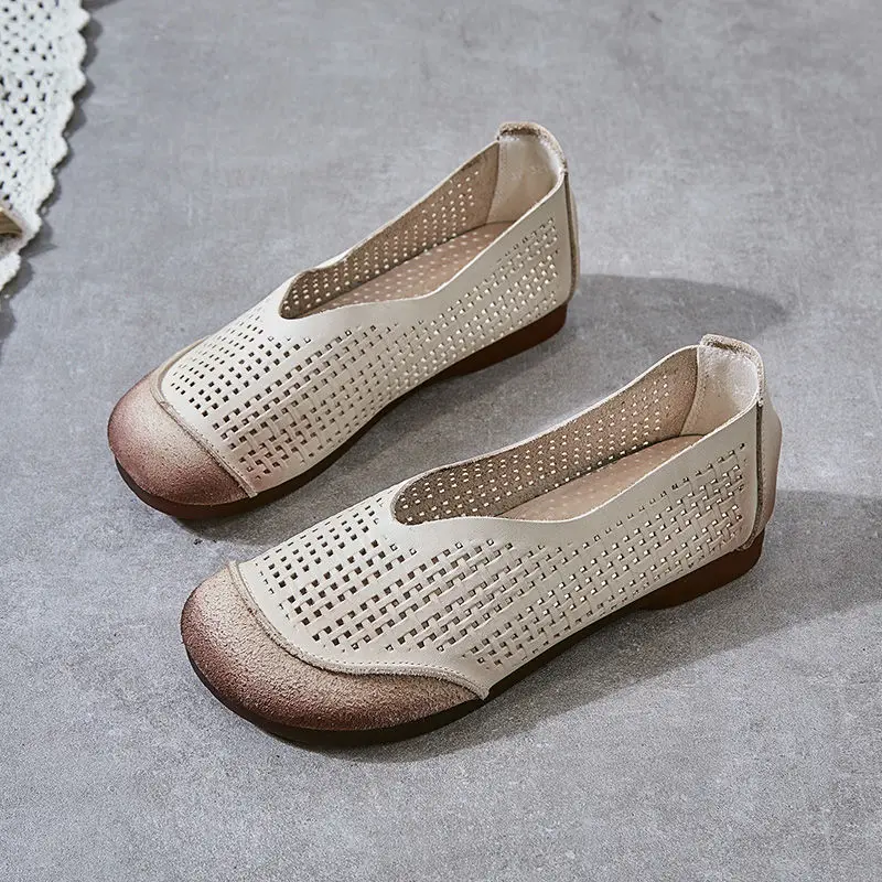 2022 New Breathable Genuine Leather Summer Shoes Woman Flats Hollow Comfortable Ladies White Loafers Soft Casual Shoes