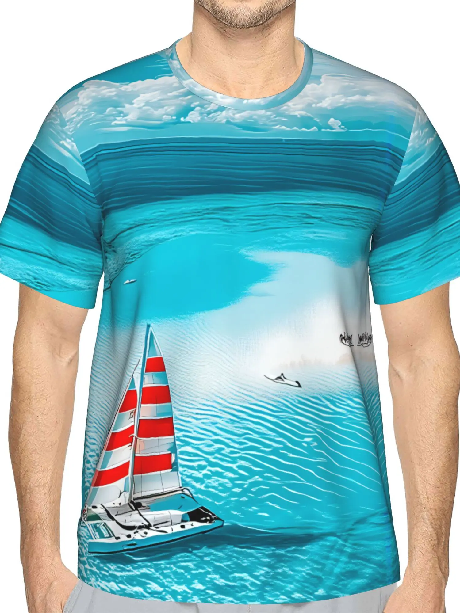 Men Blue Sea White Cloud Red White Stripe Sailboat Small Kayak Print Crew Neck Short Sleeve T-shirt