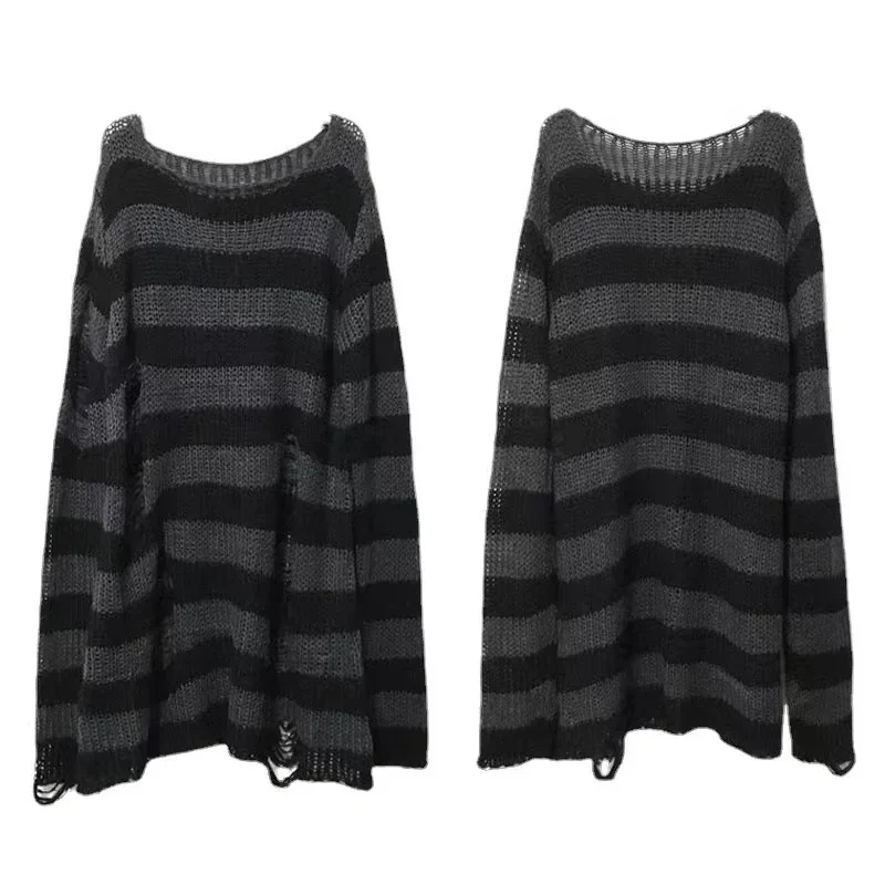 Long Sweater Long Sleeve Pullovers Autumn Winter Hollow Out Cool Hole Broken Streetwear Punk Gothic Knitted Striped Unisex Tops