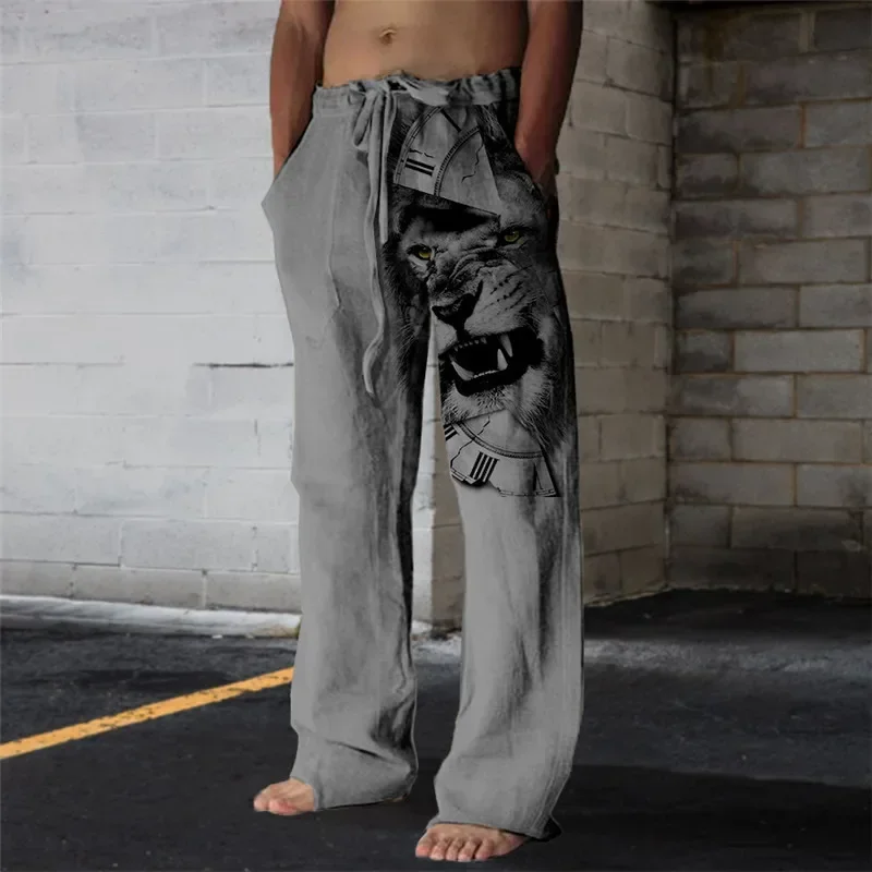 Summer fashion new men\'s wide-leg pants lion print handsome loose casual pants daily comfortable bamboo linen men\'s trousers