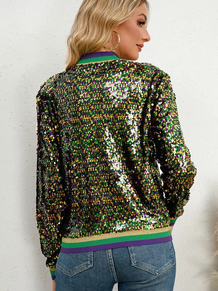 Luxury Sequined Zip Up Rainbow Striped Coat Shiny Beaded Bomber Jacket Club Dance Streetwear Drop Shoulder Cardigan Tops Abrigos