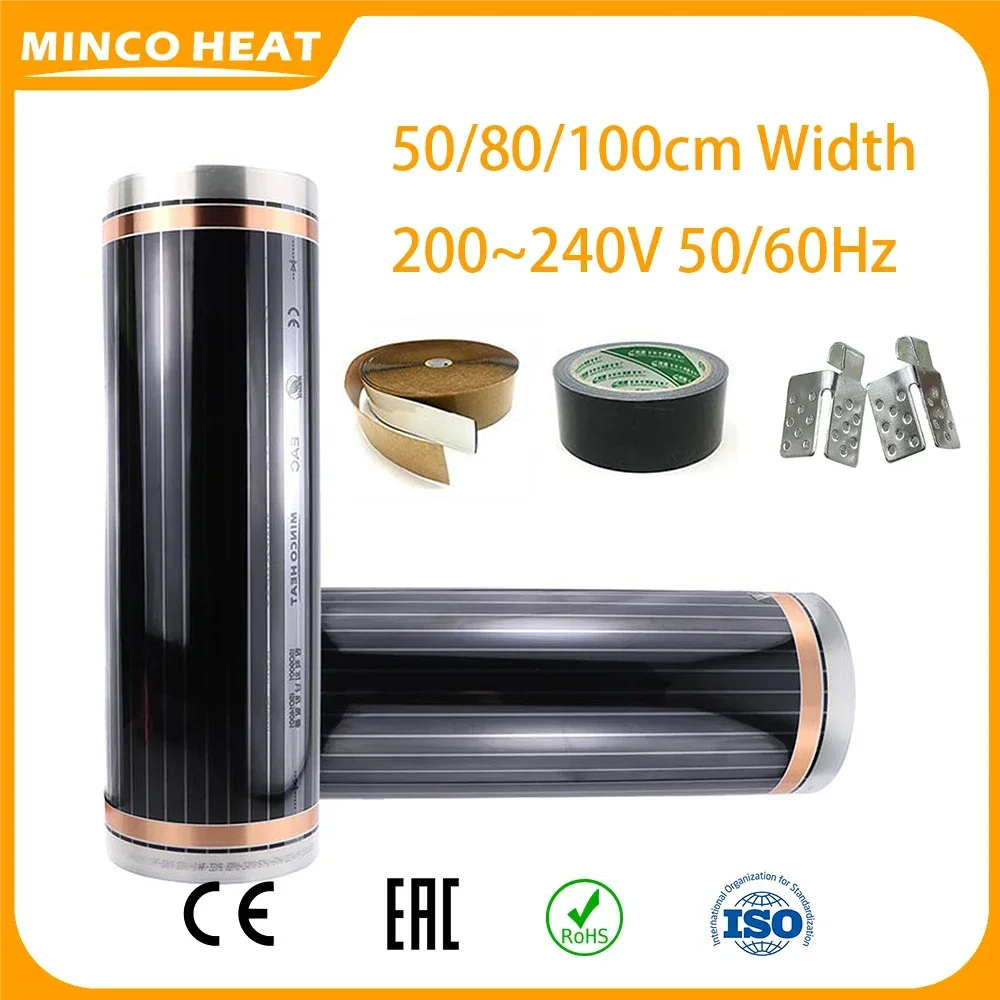 Minco Heat 50/80/100cm 200~240V 50/60Hz 220w/ ㎡ Breite für Fußbodenheizung, Infrarot-Heizfolie 5–50 ㎡ mit Installationsset
