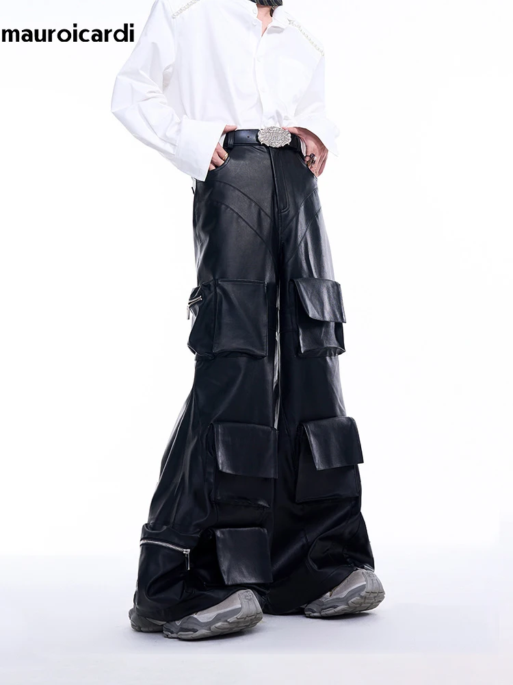 Mauroicardi Spring Autumn Cool Black Pu Leather Wide Leg Cargo Pants for Men with Three-dimensional Pockets Designer Clothes