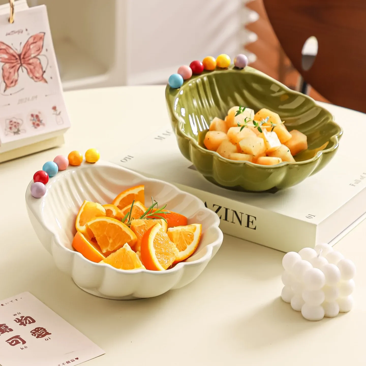 Shell Shaped Ceramic Fruit Bowl Set with Stainless Steel Forks, Household Fruit Salad Serving Plate for Home Decor