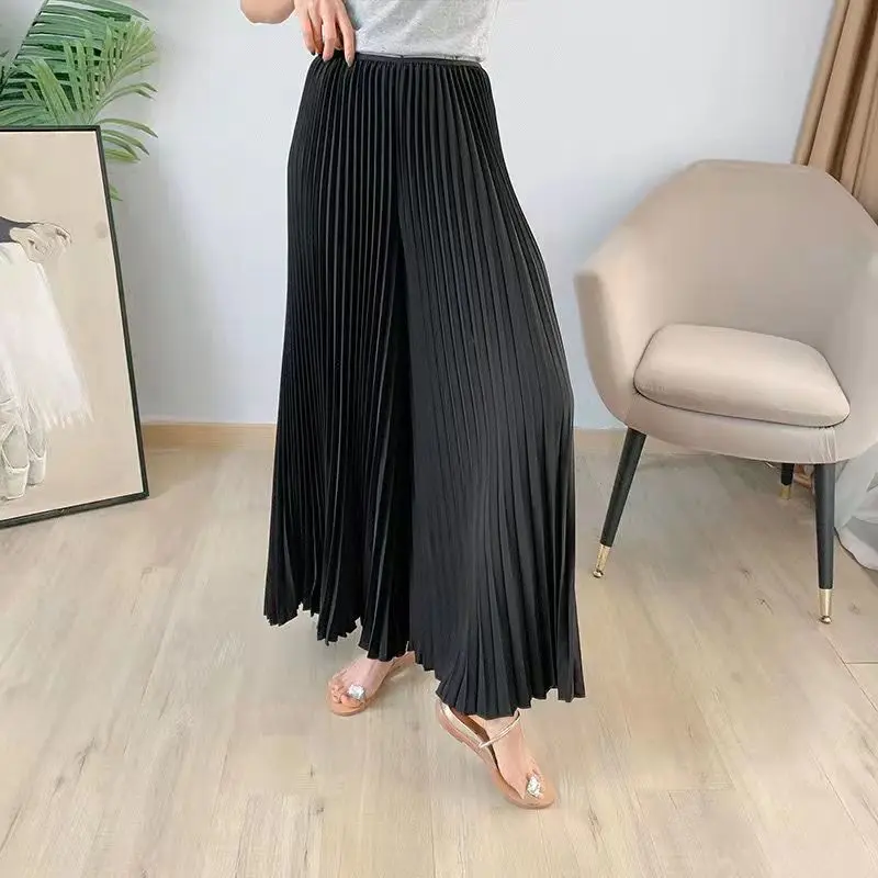 Nieuwe Dames Losse Geplooide Wijde Pijpen Broek Lente Zomer Elastische Hoge Taille Solide Elegante Casual Rechte Broek Dameskleding