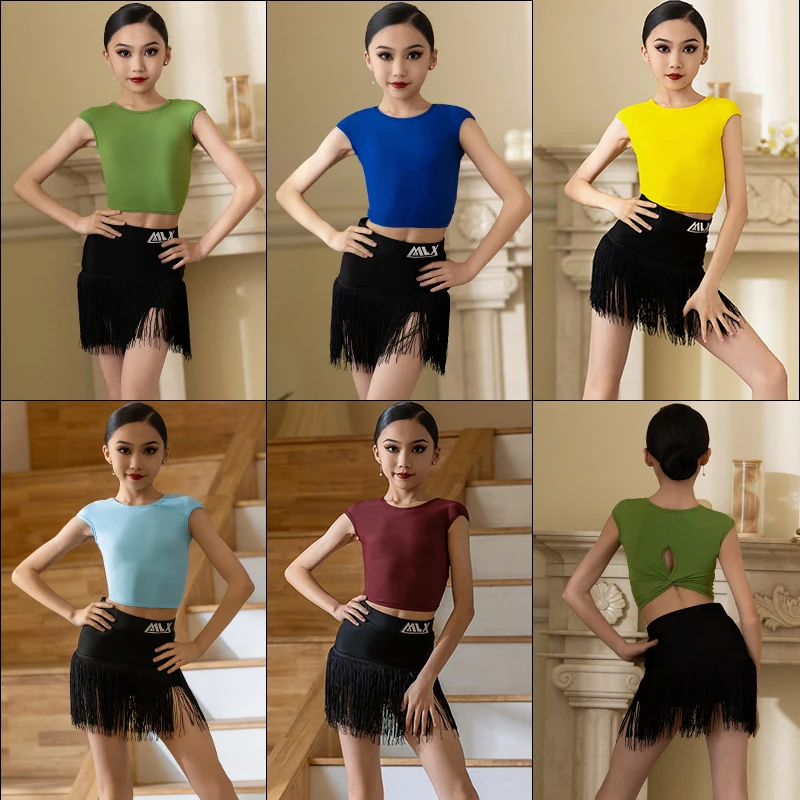 2025 trajes de desempenho de dança latina para meninas manga curta borla saias terno chacha rumba tango vestido roupas latinas dqs21414