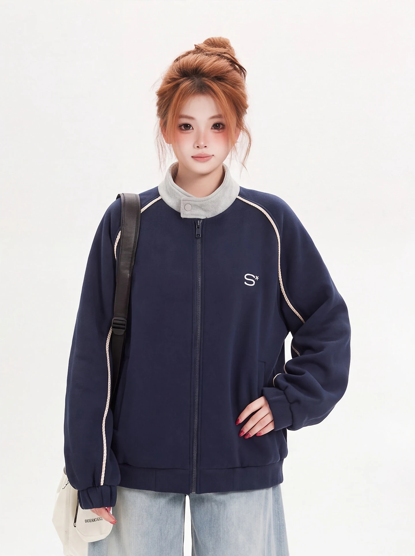 Ant American Retro Color Block Stand Collar Jacket Women Loose Casual Student Outerwear Versatile Autumn Season Long Sleeve