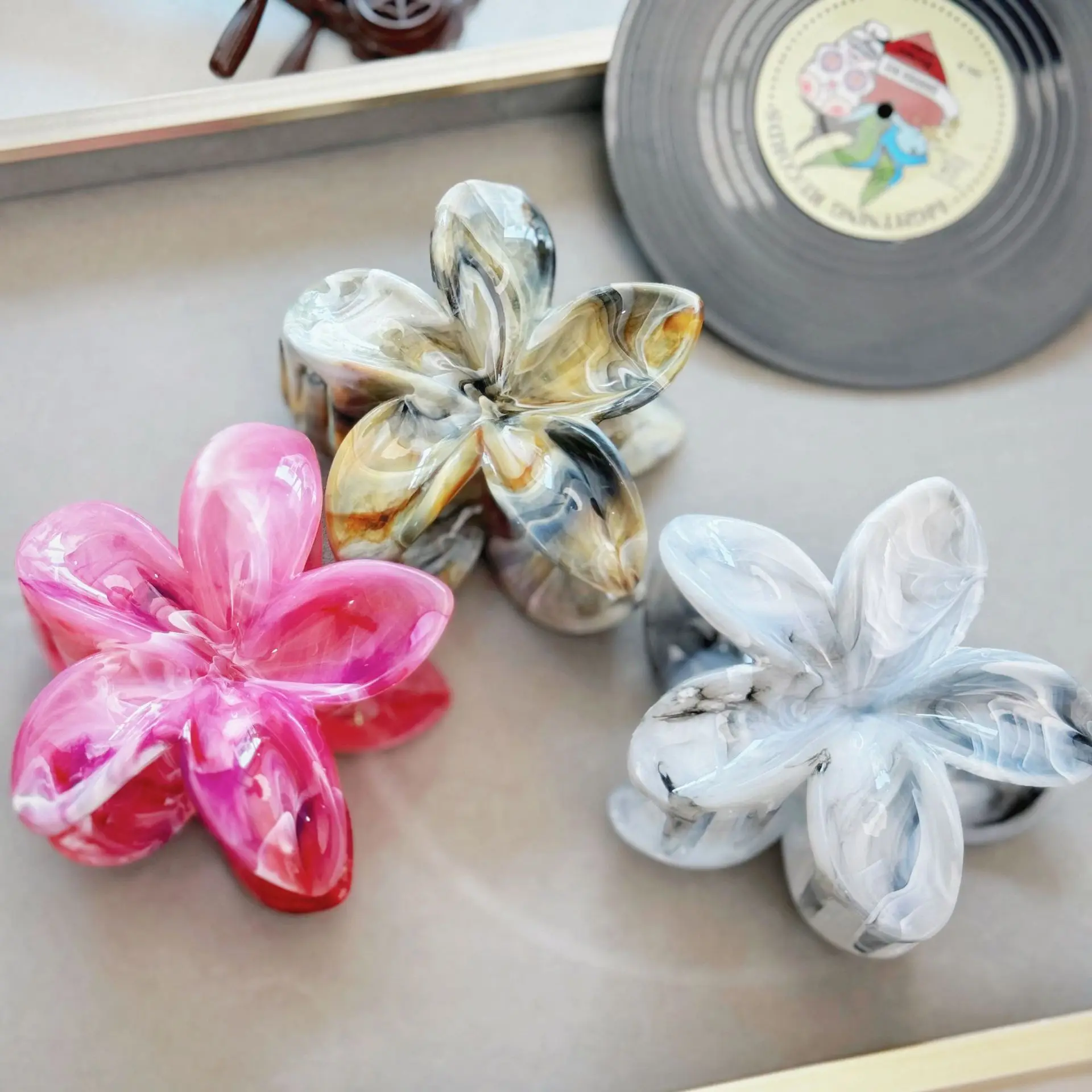 مشبك شعر على شكل زهرة الأكريليك للنساء، مشابك شعر ذات ملمس رخامي، دبوس شعر فتاة عصرية، إكسسوارات شعر كورية، أغطية رأس