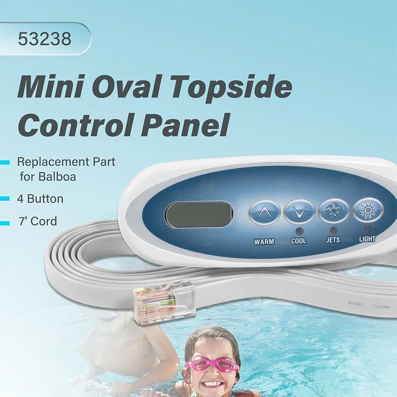 53238 Mini Oval Topside Control Panel Replace for Balboa Fit for Heat Jacket System 4 Button 7' Cord with Phone Jack Connector