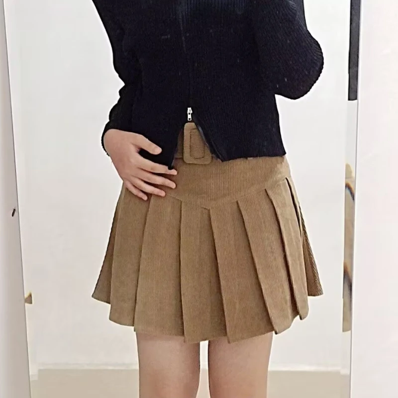 With Belt Skirts Women Preppy Style Spring Fall Trendy Pure Korean Schoolgirl Streetwear Sweet Pleated Y2k Ins Mini Faldas Basic