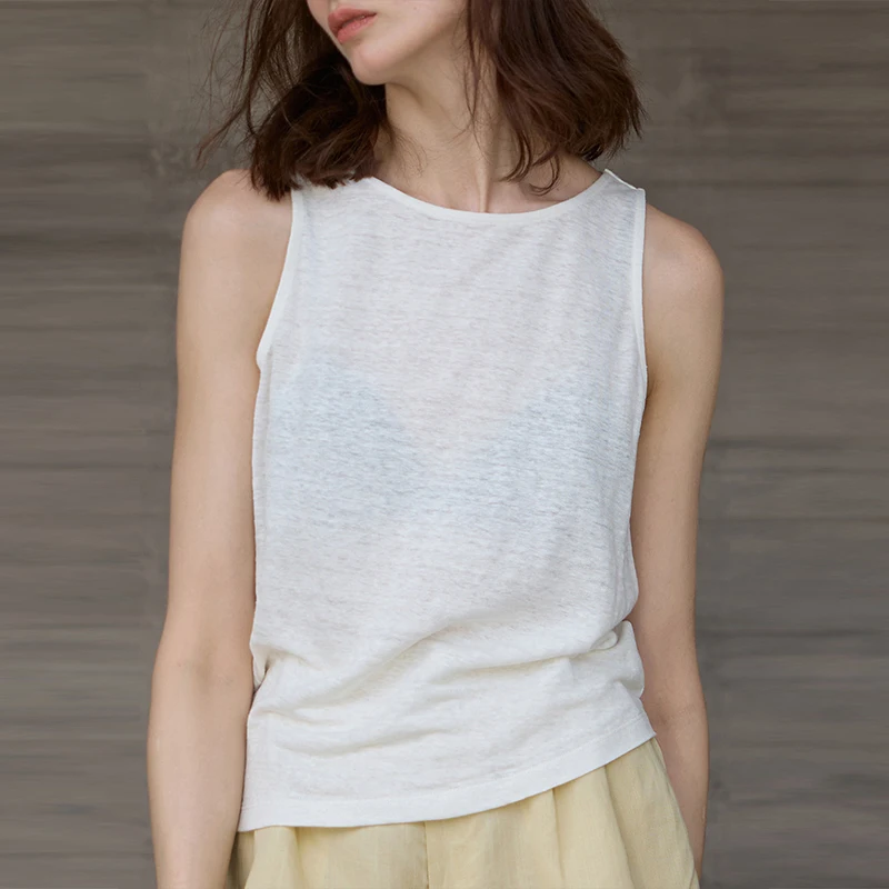 Damski cienki top na ramiączkach z dzianiny konopnej, jednolity kolor, letni, okrągły dekolt, bez rękawów, nowy, oddychający, biały.