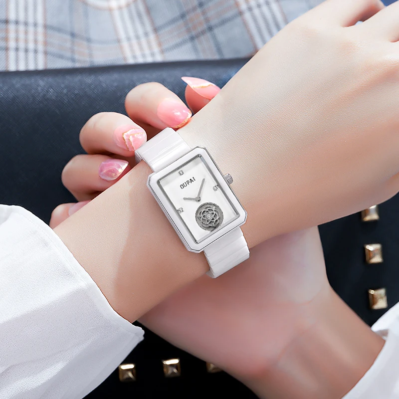 Квадратные женские часы OUPAI с прямоугольным циферблатом, белые керамические часы, женские кварцевые водонепроницаемые, повседневные и универсальные