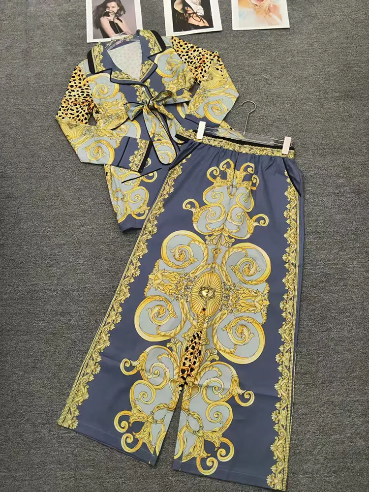 Camisa de pijama com gravata estampada retrô do designer conjunto de duas peças para outono 2025 roupas femininas + calças soltas de pernas largas conjunto de moda