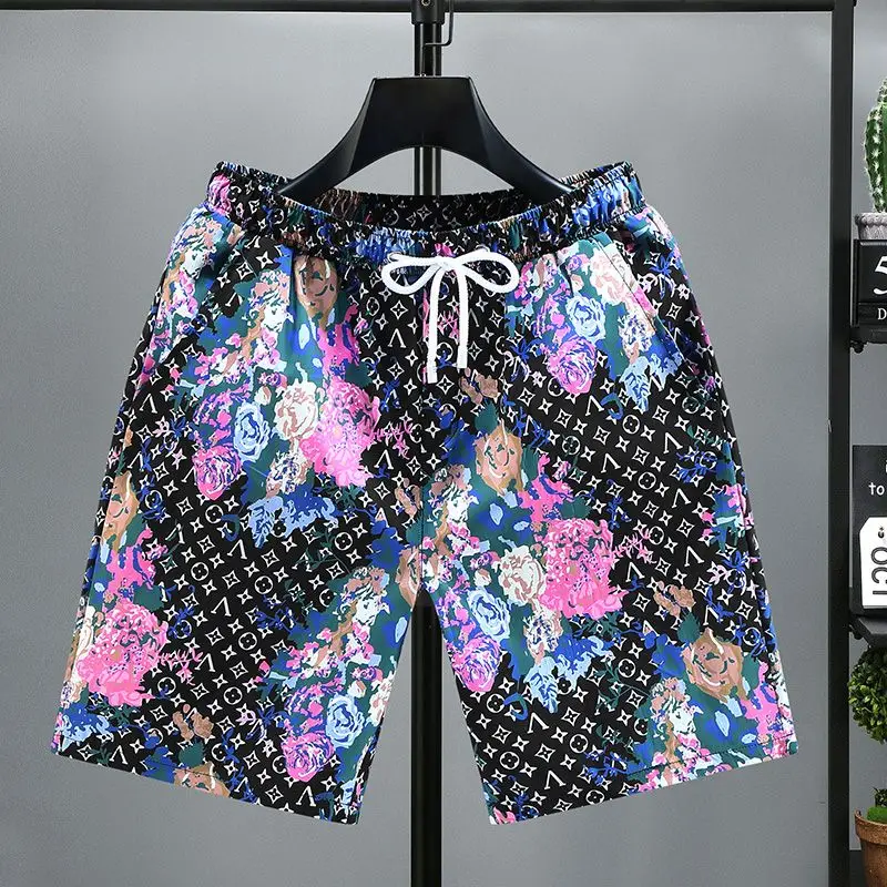 Shorts knitted summer new casual color five-point pants men's loose quick-drying printed trendy beach pants