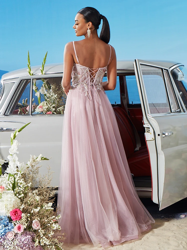 BLUEPLUM Exquisite Suspenders Pink V-neck Bridesmaid Evening Dress Elegant Tulle Long Wedding Party Prom Cocktail Gowns