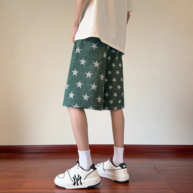 LUZHEN Five-pointed 2026 Printed Summer Korean Straight Style Pentagram Pants Men's Fashion Elastic Waist Casual Shorts JY8475