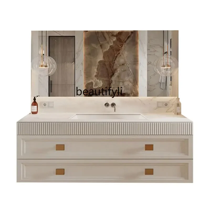 

Modern Bathroom Stone Plate Integrated Seamless Basin Solid Wood Double Basin Bathroom Cabinet French Face Washing Washstand