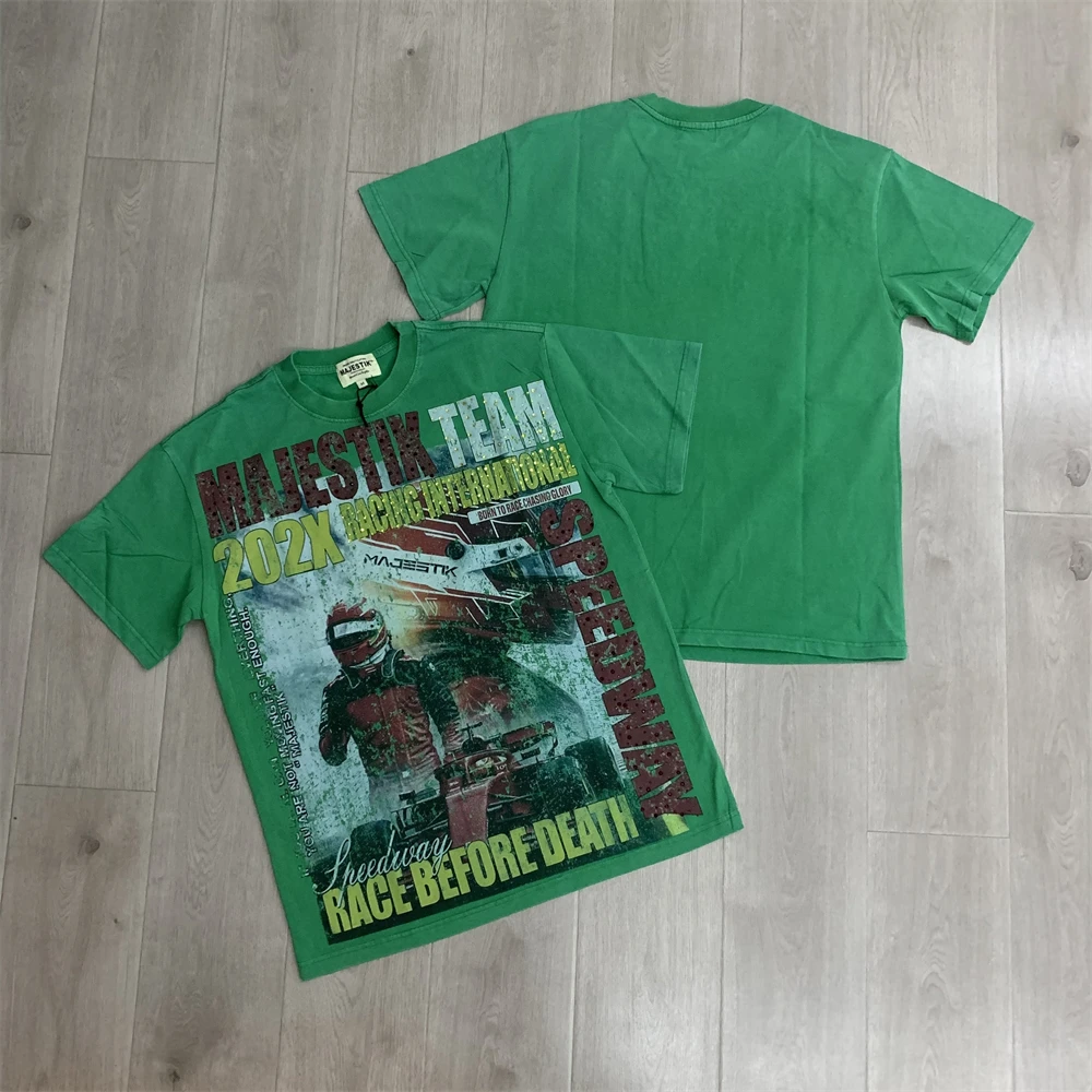Washed Green Majestik Racing International 202X Garment Dyed T-shirt For Men Women Best Quality Tops Tee T Shirt