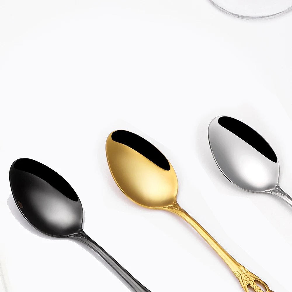 2/4/6/12pcs Gold Dessert Spoons Stainless Steel Cutlery Ice Cream Cake Spoon Black Spoon Set Mirror Sliver Luxury Tableware