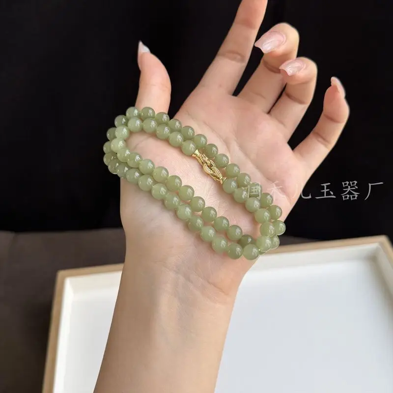 Hetian Jade Collarbone , 8Mm, 56 Beads, Qinghai Material, Light Lake Aqua Green Women'S Necklace