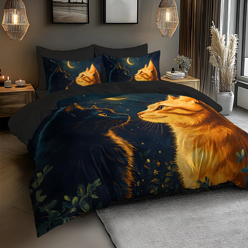 Dreamy Cat Silhouette Full Polyester Fleece Duvet Cover Set Digital Print Bedding Theme with Soft Touch for Comfortable Sleep