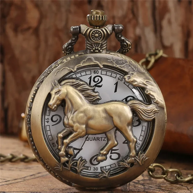 Bronze Hollow Out Chinese Twelve Zodiac Design Animal Quartz Pocket Watch for Men Women with Necklace Chain Gift reloj