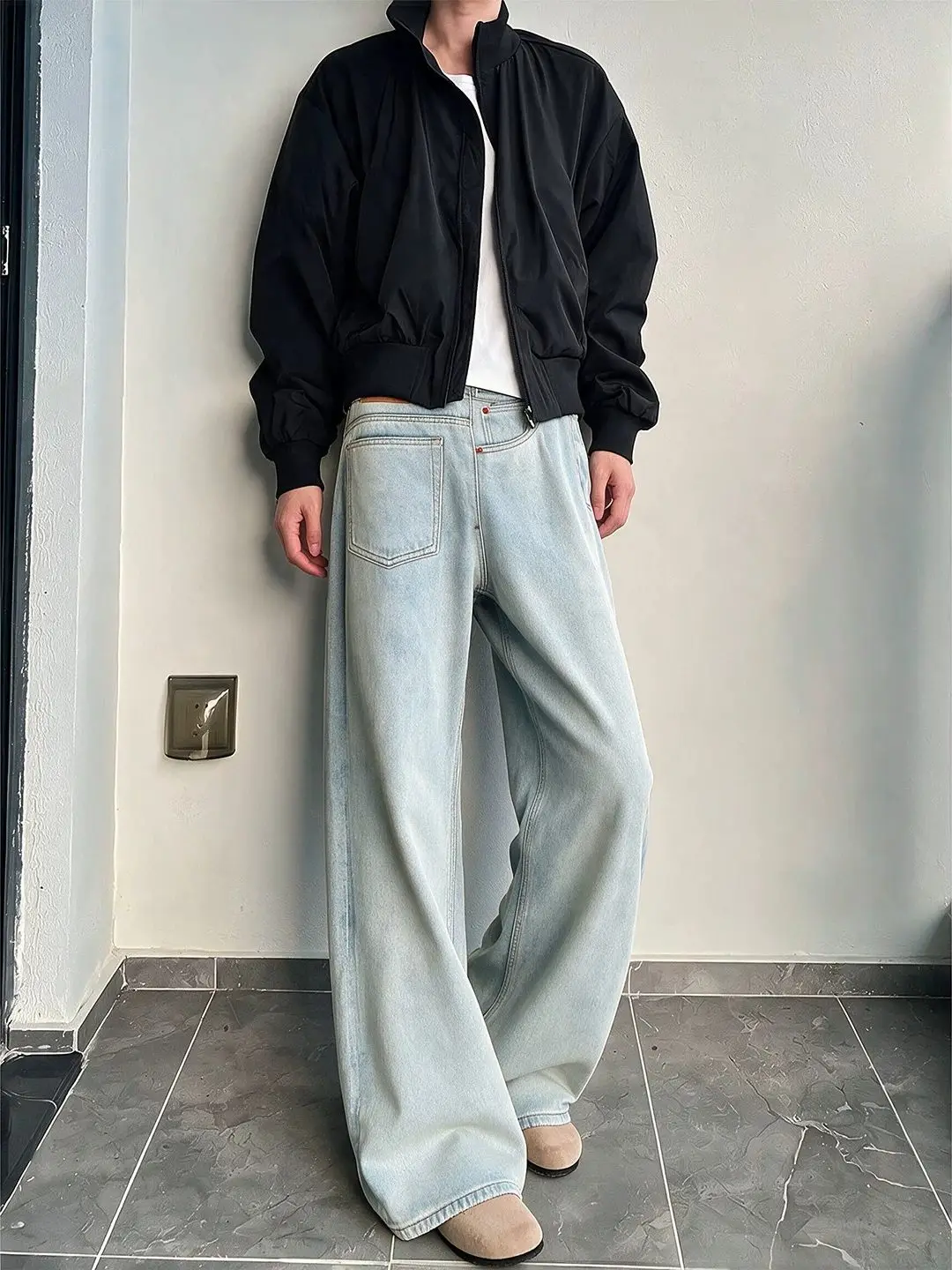 Light Blue Faded Jeans Men's Design Sense American Straight Leg Washed out Micro Flared Pants Workwear Counterfeit Position