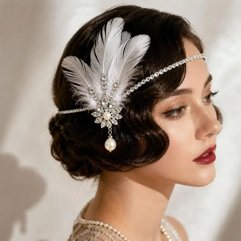 Vintage Feder-Haarreif mit Pailletten, Fascinator, Maskerade-Haarband, Kristall, Elegantes Haaraccessoire aus den 1920er Jahren – Detail 1