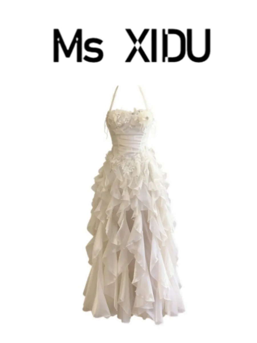 

Ms XIDU Sweet Spicy Girl Strap Dress Women's Summer Beautiful Mesh Flower Skirt Wide Hem Long Puffy Skirt High Waist Zipper