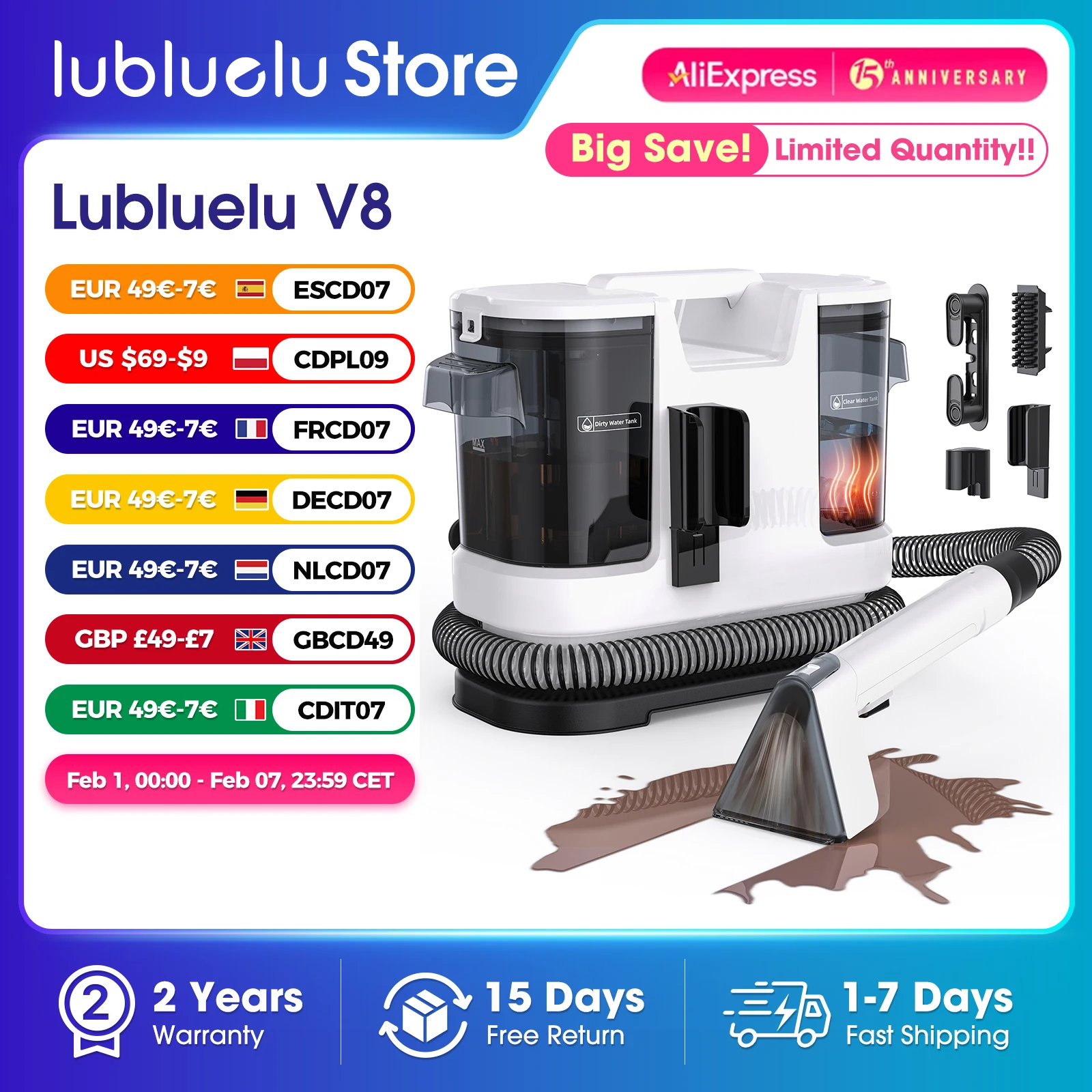 Lubluelu V8 800W Hot Water Carpet Cleaner  60°C Deep Clean Pet Stains 15kPa Strong Suction 5M Long Power Cord 1.75L Tank