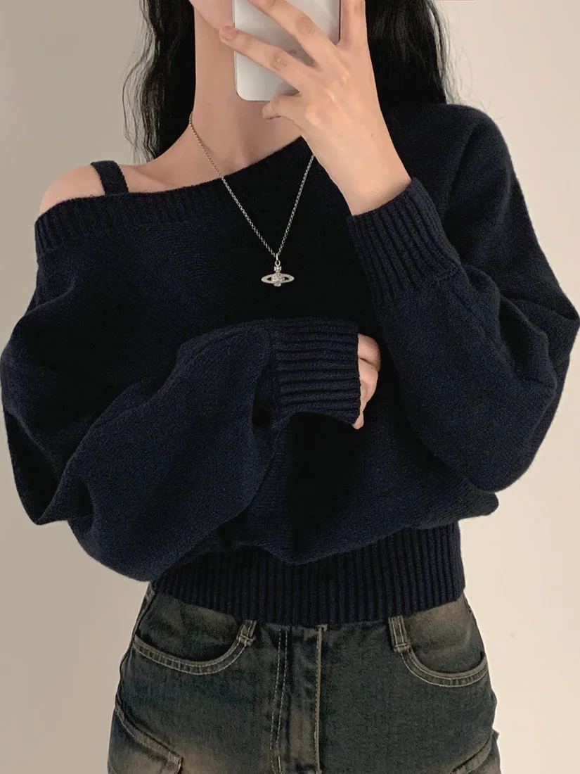Retro Short Knitted Sweater Women's Fashion Sexy Shoulder Bared Batwing Sleeve Knitwear Outerwear Casual Commute Style Long S...