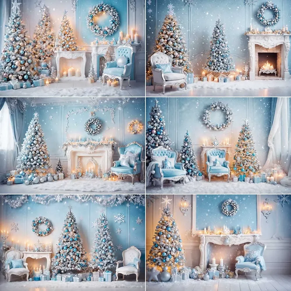 

MOON.QG Christmas Blue Photography Backdrop Artificial Tree Fireplace New Year Photo Studio Background 3D Photographic Supplies