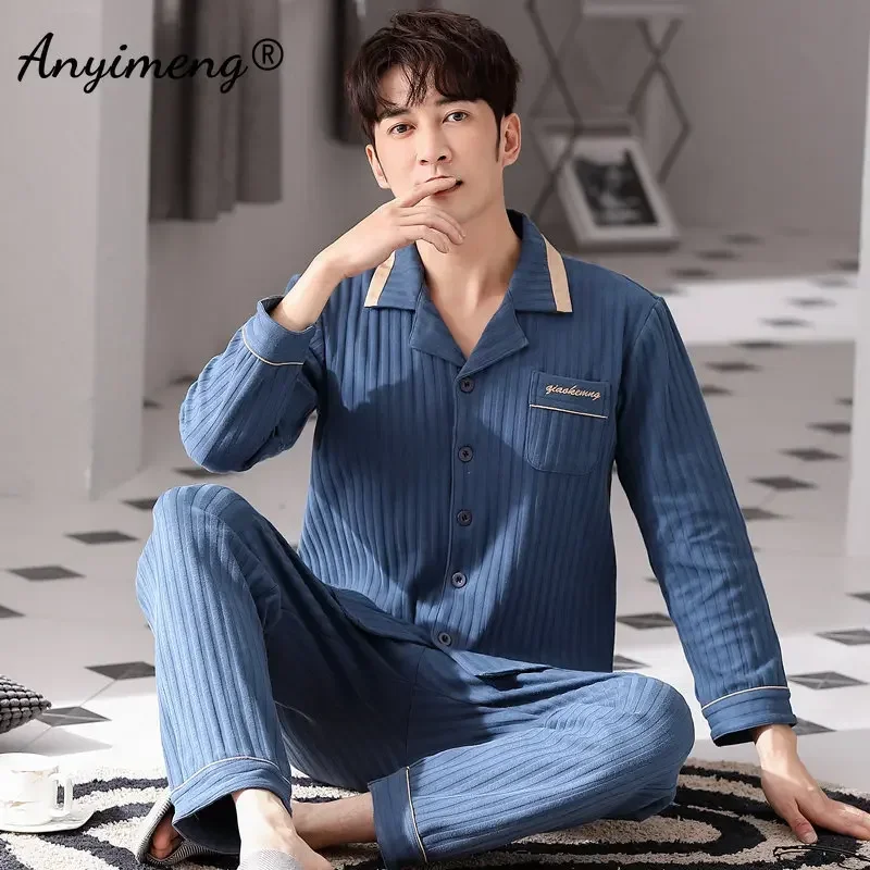 Big Size 4XL Pajamas for Men Autumn Winter New Gentleman Pijamas Fashion Mens Casual Sleepwear Soft Cotton Black Pijama Set