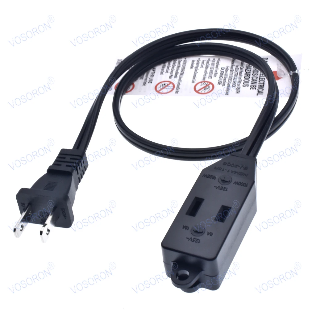 3 Outlet Extension Cord, US 2 Prong Extension Power Strip, 2ft 16AWG 1625W Power Cord for Indoor Use, Black, ETL Listed