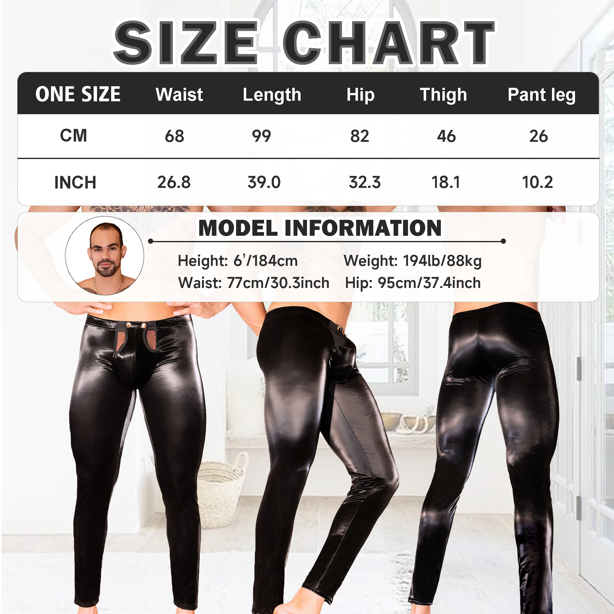 

Elastic Waistband Men's Faux Leather Pants Button Open Front Stretch Leggings For Men
