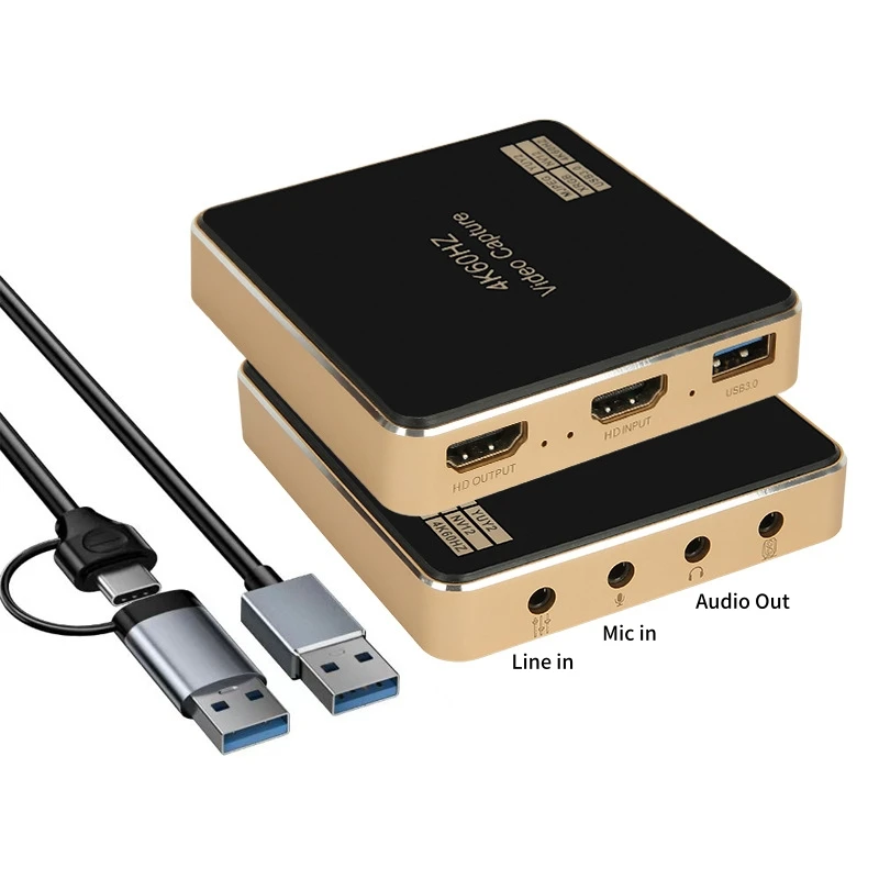 4K@60Hz HDMI-compatible Capture Card with Loop-Out USB 3.0 2K@144Hz Video Recording Mic/Line in, Audio Outputs for PC Streaming