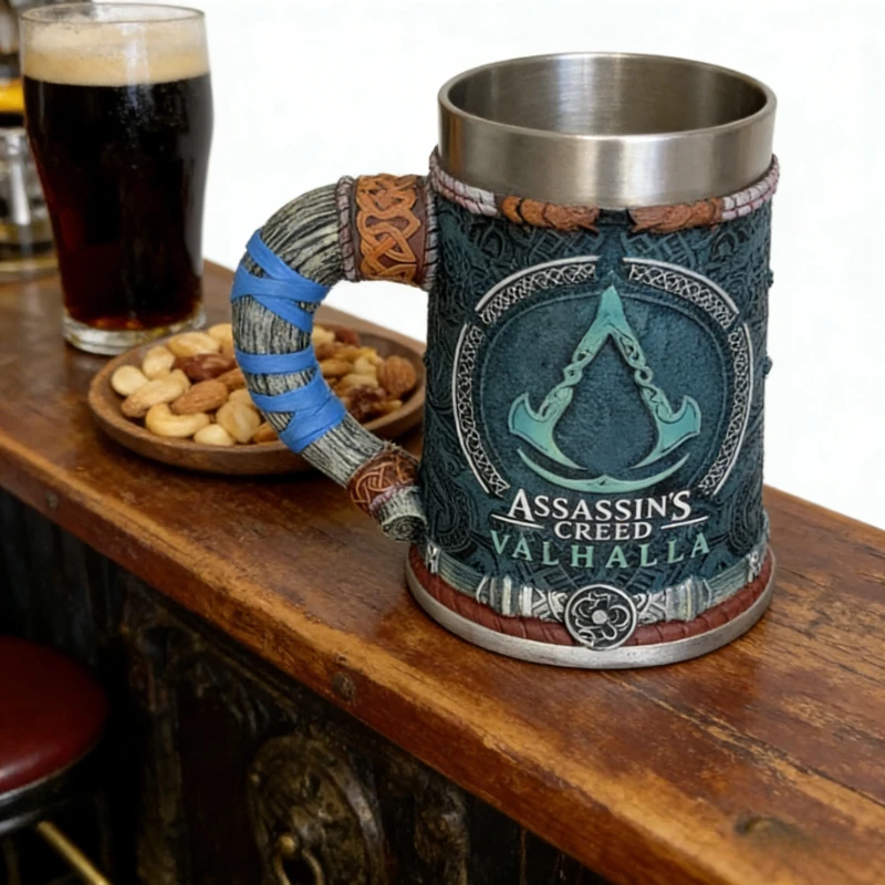 Gamer Collectible Beer Mug - Assassin Inspired Medieval Tankard, Stainless Steel & Resin Construction, Unique Gift Idea