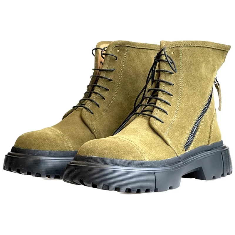 

Genuine Leather Hand Sewn England Retro Outdoor Boots Shoes for Men's Matte Dark Green Double Zipper Increased Thick Soled Boots
