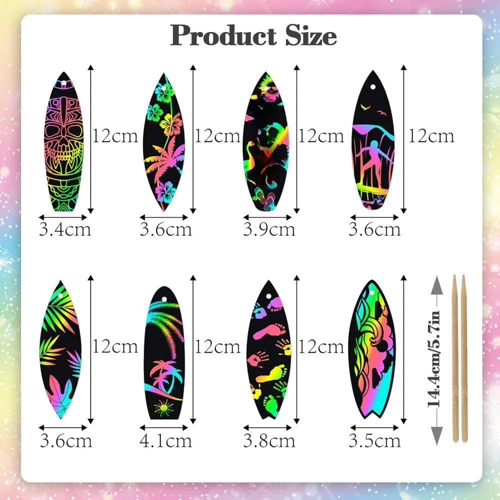 กระดานโต้คลื่นฤดูร้อน 48 ชิ้น, การ์ดขูดสําหรับเด็ก, หัตถกรรมกระดาษอาร์ตเวิร์มโต้คลื่น Magic Rainbow