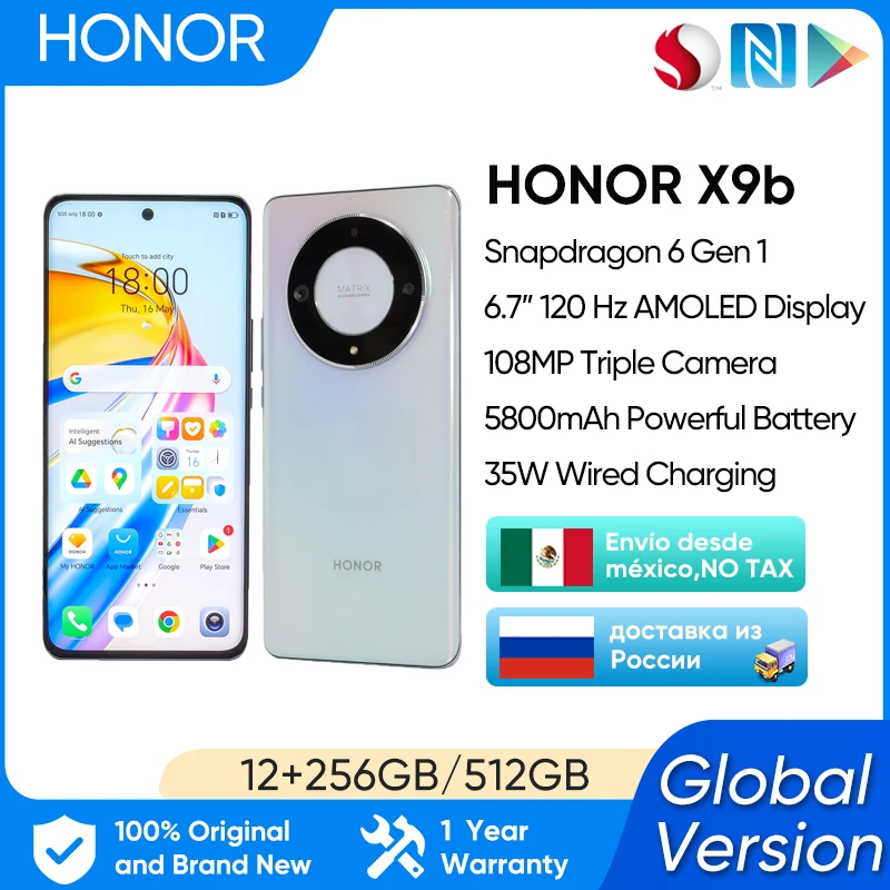 HONOR X9b HONOR Magic6 Lite 5G Global Version Android13 6.78 "Anti-DROP 120Hz จอแสดงผล AMOLED 108MP กล้องทนทาน 5800mAH แบตเตอรี่