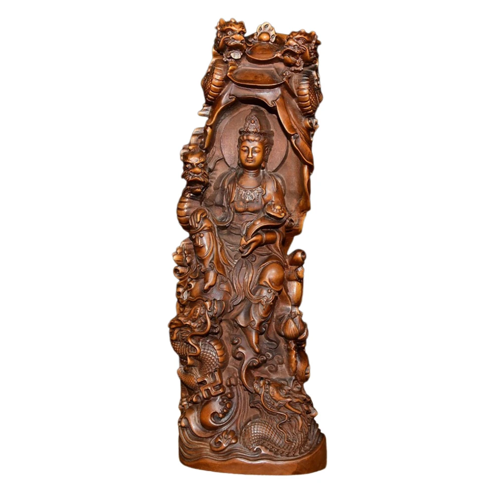 Sculpture en bois Figurine sculptée Guanyin Dragon Statue bouddhiste Feng Shui décor Compassion bénédiction Protection sérénité grâce