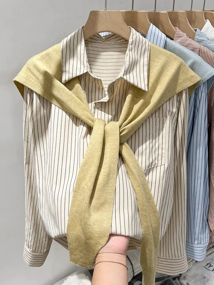 فضفاض طويل Sve مخطط irt التفاف قطعتين مجموعة ربيع غير رسمي تصميم جديد الكورية Sle المرأة مريحة زر حتى أعلى