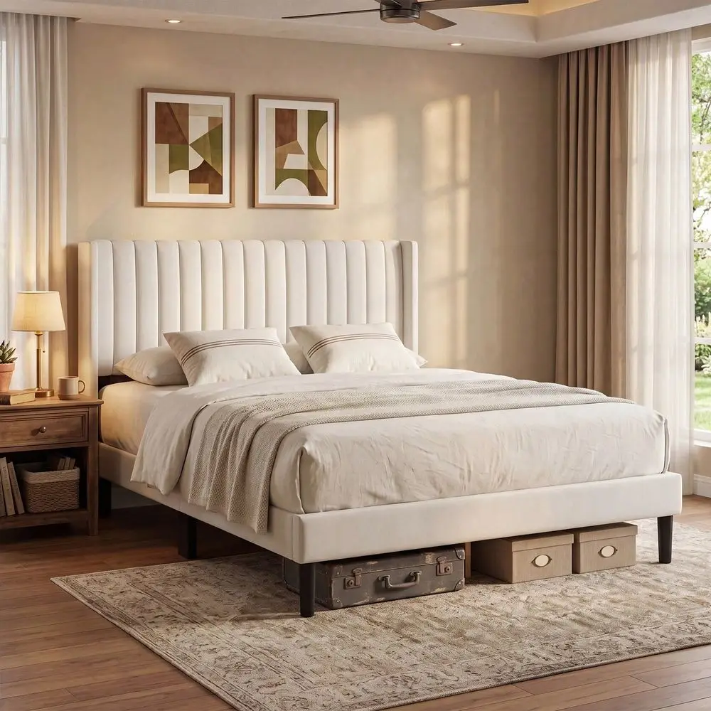 Upholstered Platform Bed Frame With Padded Wingback Headboard, Modern Accent Bedroom Furniture