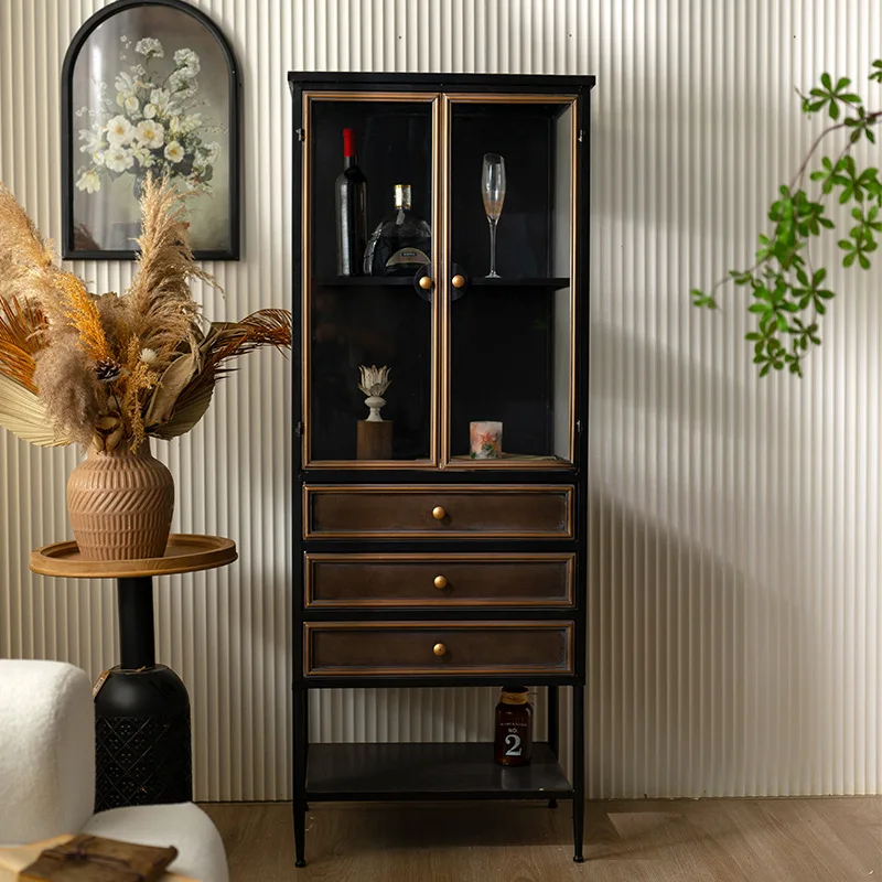 Industrial style wrought iron display cabinet three-sided glass living room display cabine loft multi-drawer wine cabint figur 2